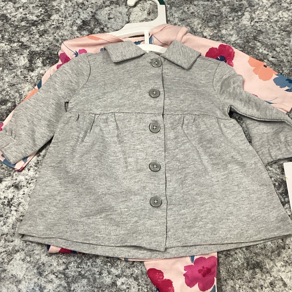 Gray Button-Up Baby Coat with flower outfit